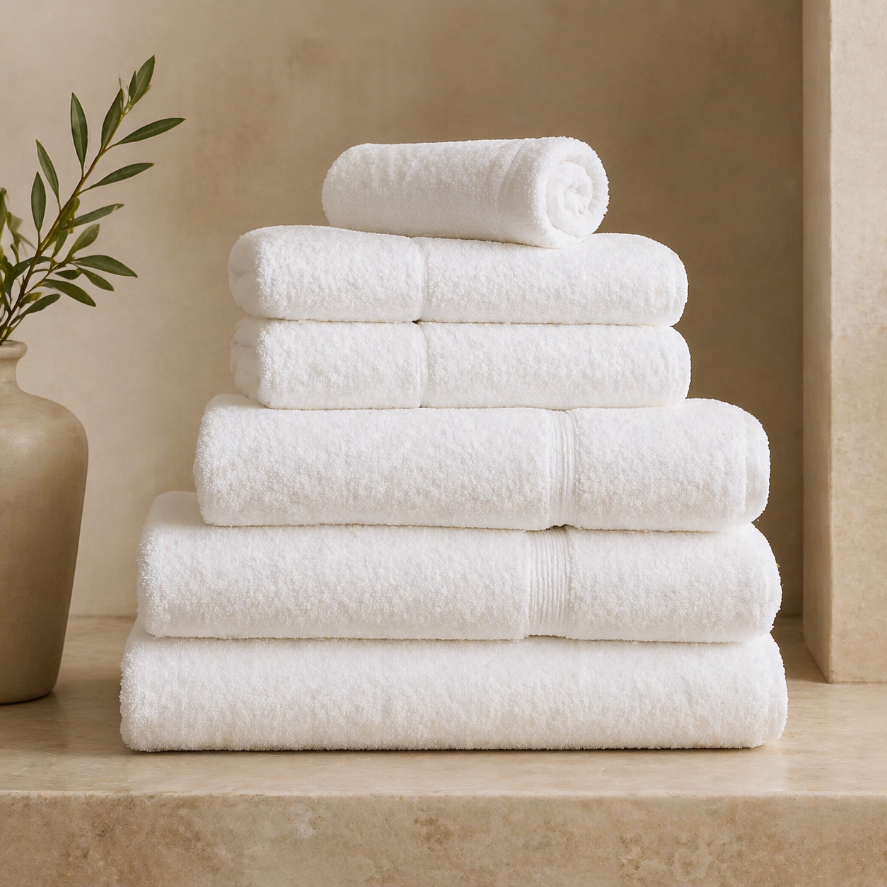 Stack of plush white bath towels