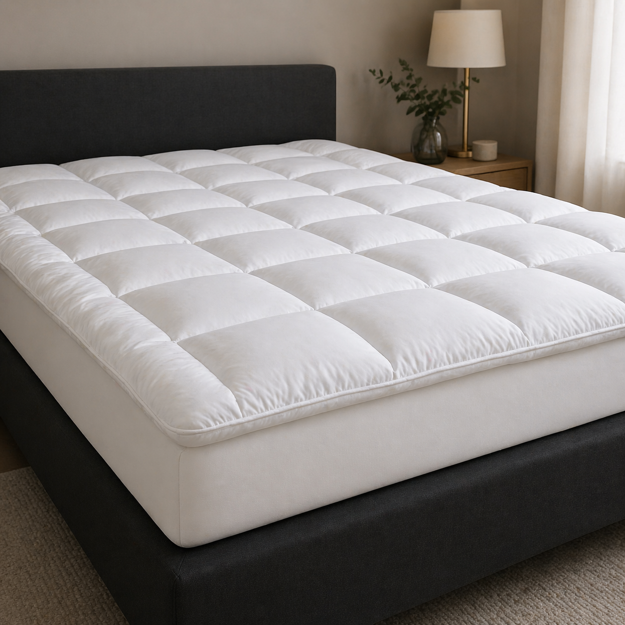 White quilted mattress topper on a bed base