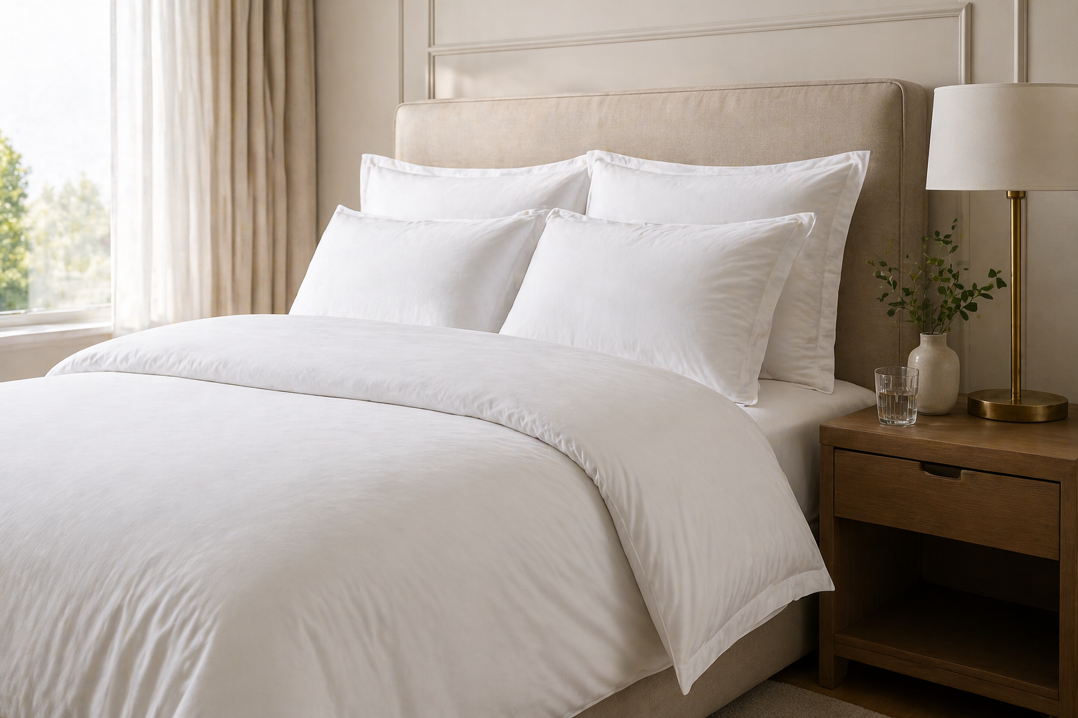 White hotel-inspired bedding styled on a calm neutral bed