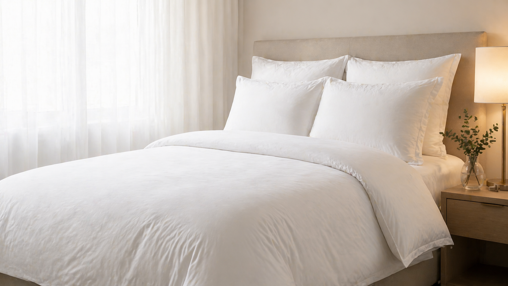 Hotel-style bed dressed in crisp white NUVELL bedding