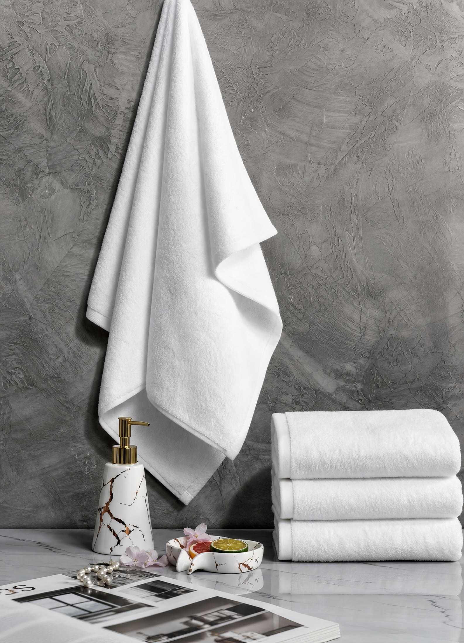 White towel hanging beside folded towels