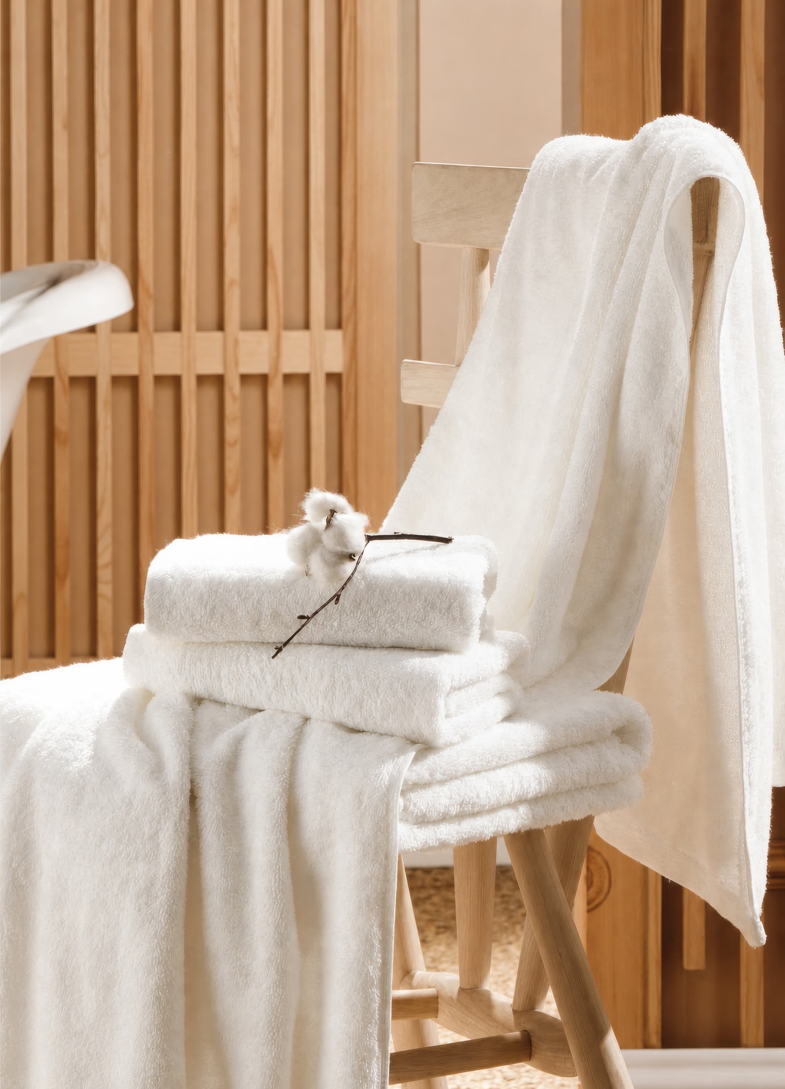 White towels and bath textiles arranged on a timber stool