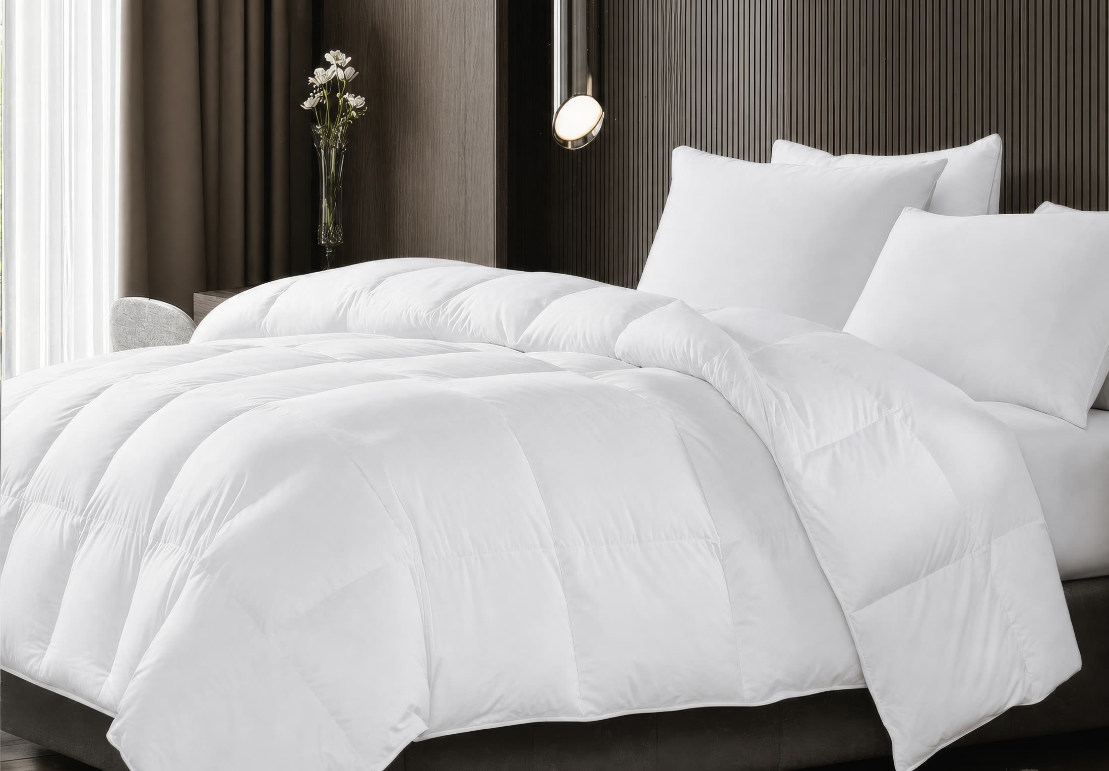 White duvet and bedding styled in a warm modern bedroom