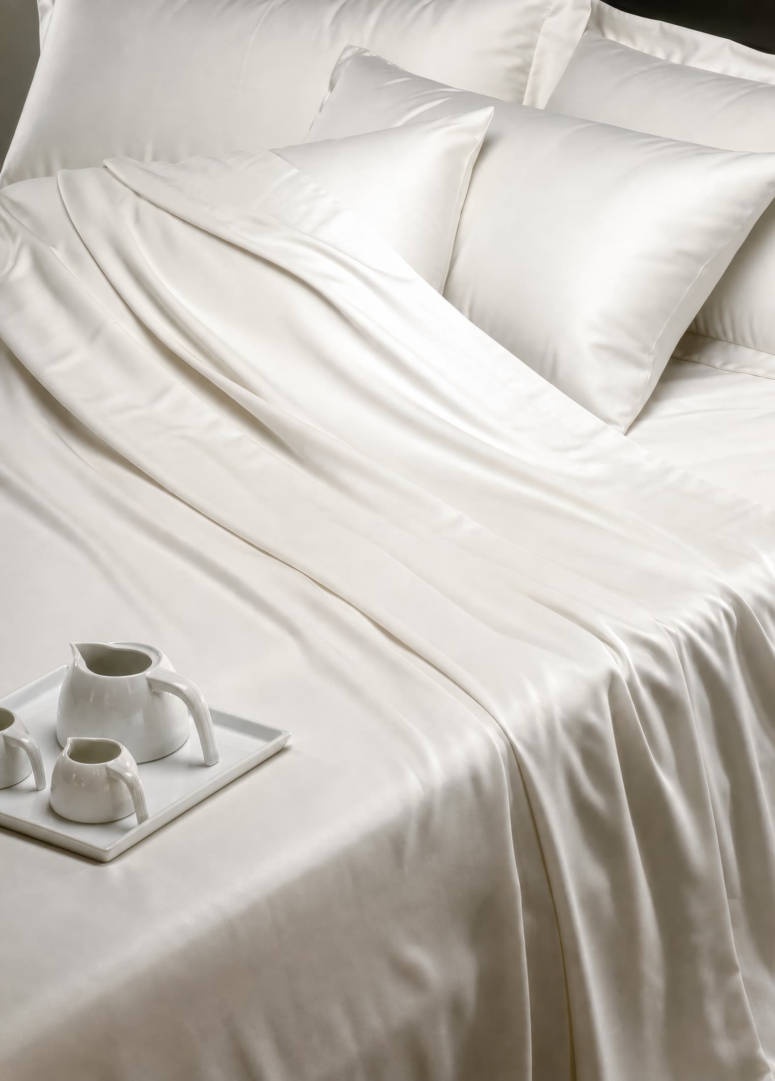 White sheets draped across a bed with a breakfast tray nearby