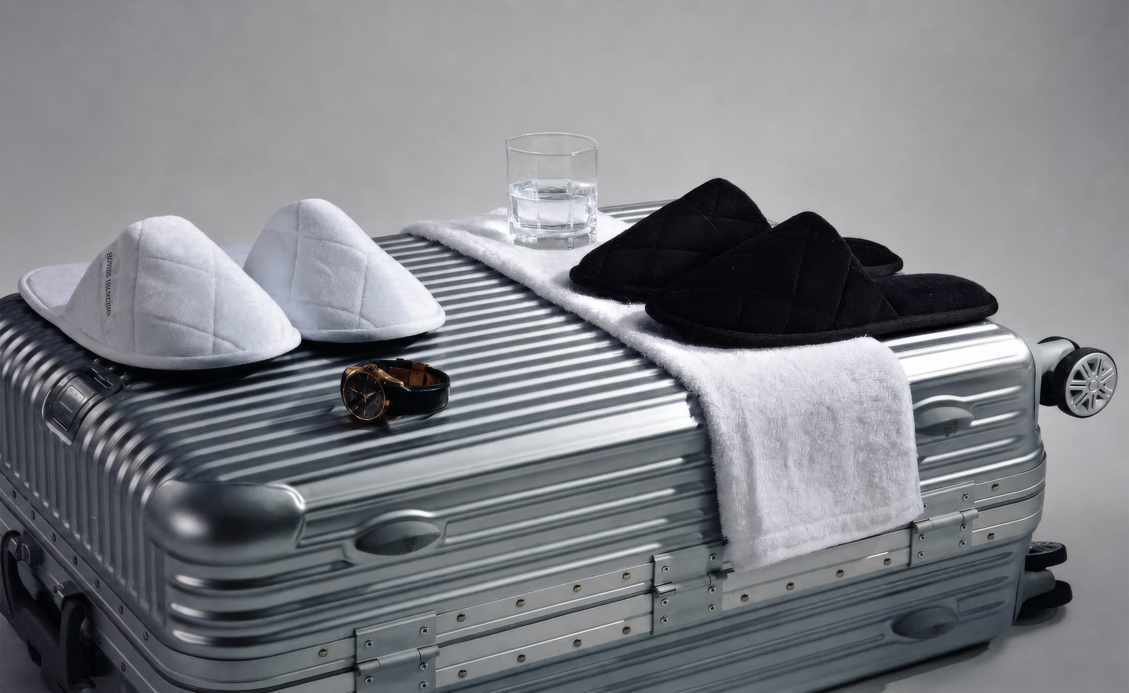 White travel and guest-room essentials arranged on a silver suitcase